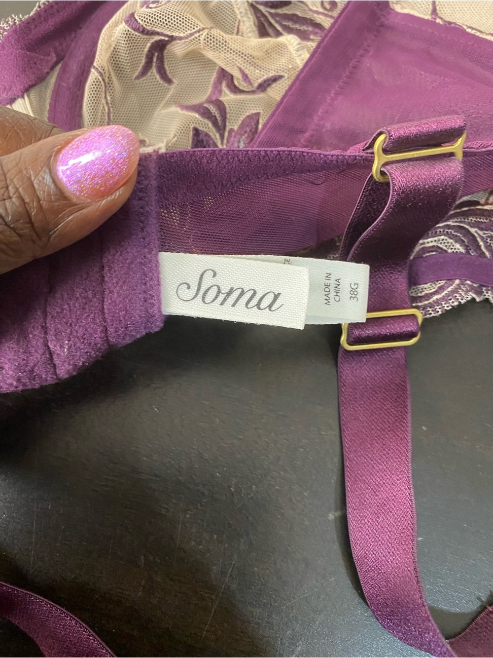 Soma Purple Floral Embroidered, Rhinestone  Bra with Beige Sheer Mesh - Picture 6 of 9